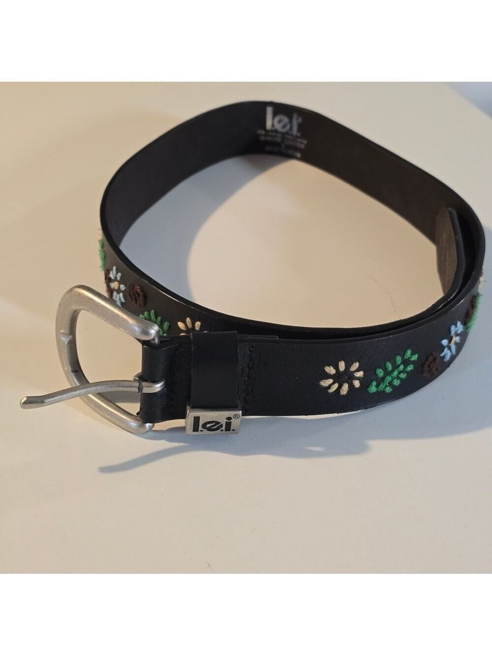 Lei Black Leather Embroidered Floral Women's Belt